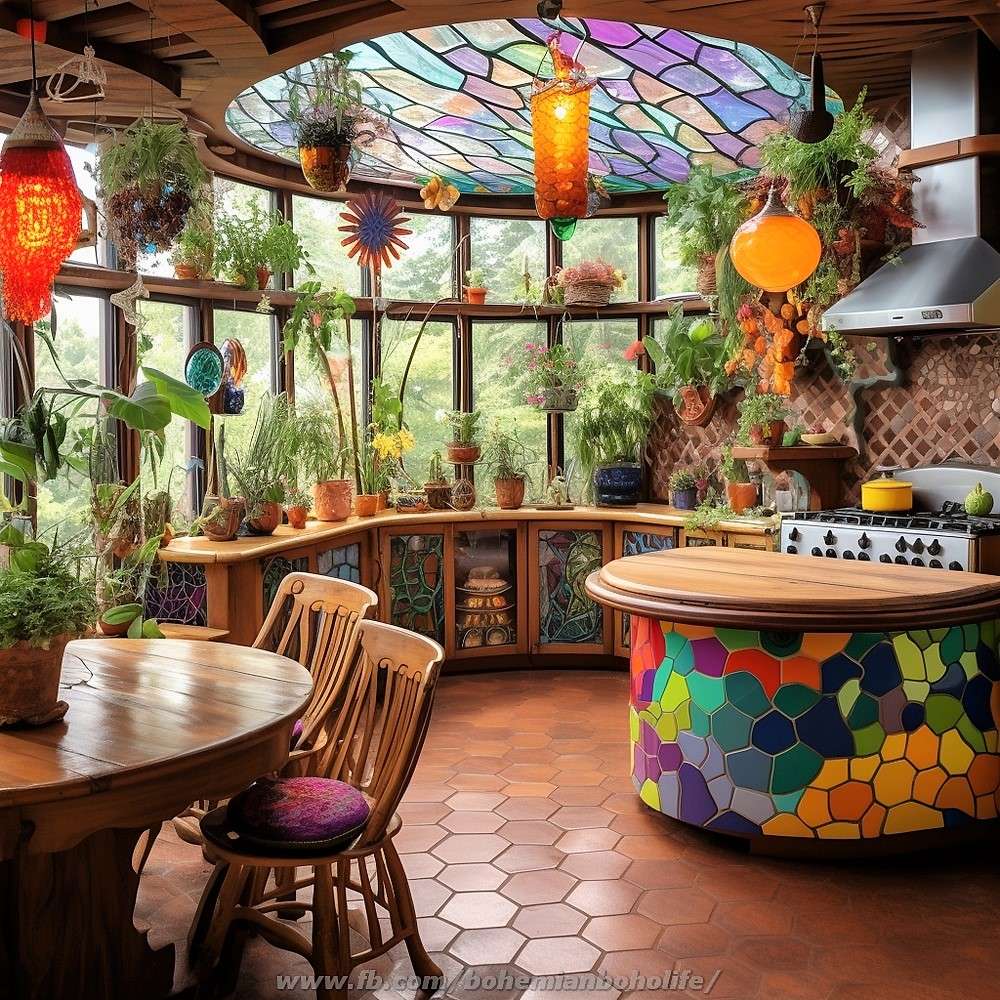 Målat glas takfönster kök med växter pussel online från foto