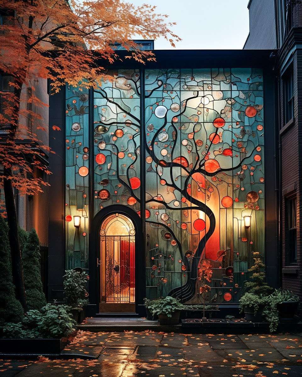 Casa in vetro colorato con albero rosso puzzle online da foto