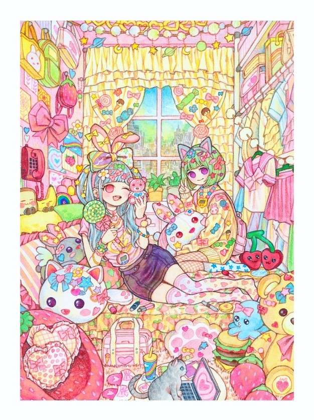 Pastell Kawaii Girls Illustration av ROWON Pussel online