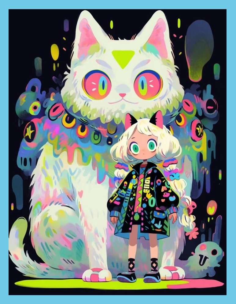 Neon Psychedelic Cat + Cat Girl Illustration pussel online från foto