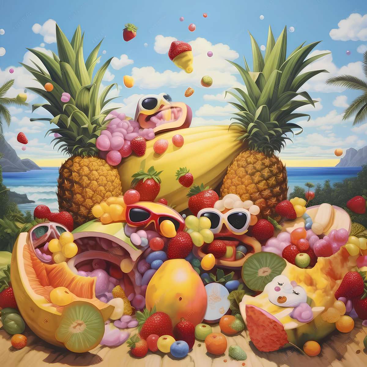 Fructe fericite pe plajă puzzle online