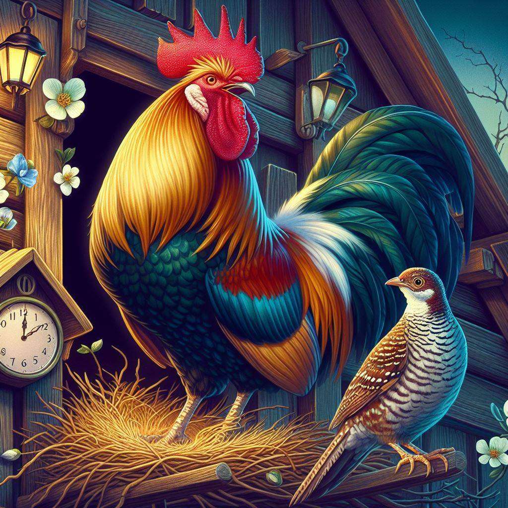 Illustration to the fable "The Cuckoo and the Rooster" online puzzle