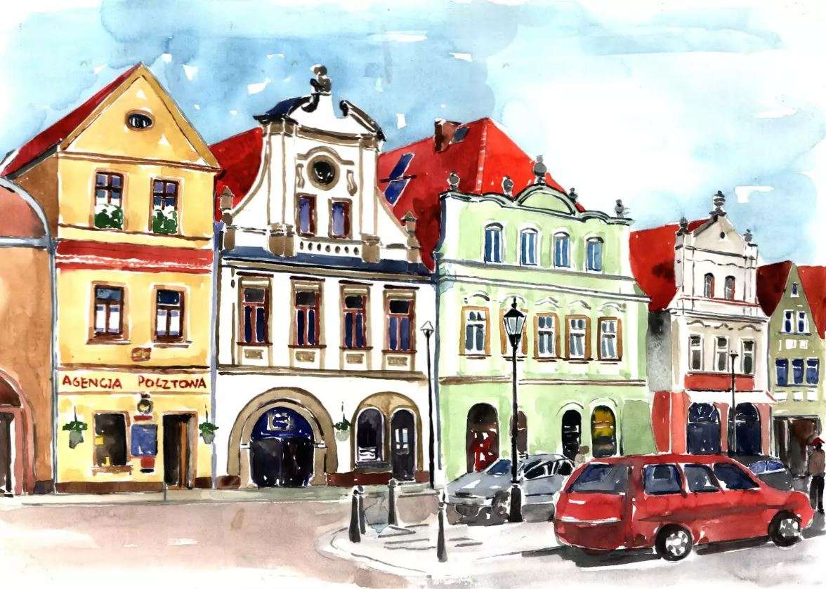 Gryfów Śląski Rynek - жилищни сгради онлайн пъзел от снимка