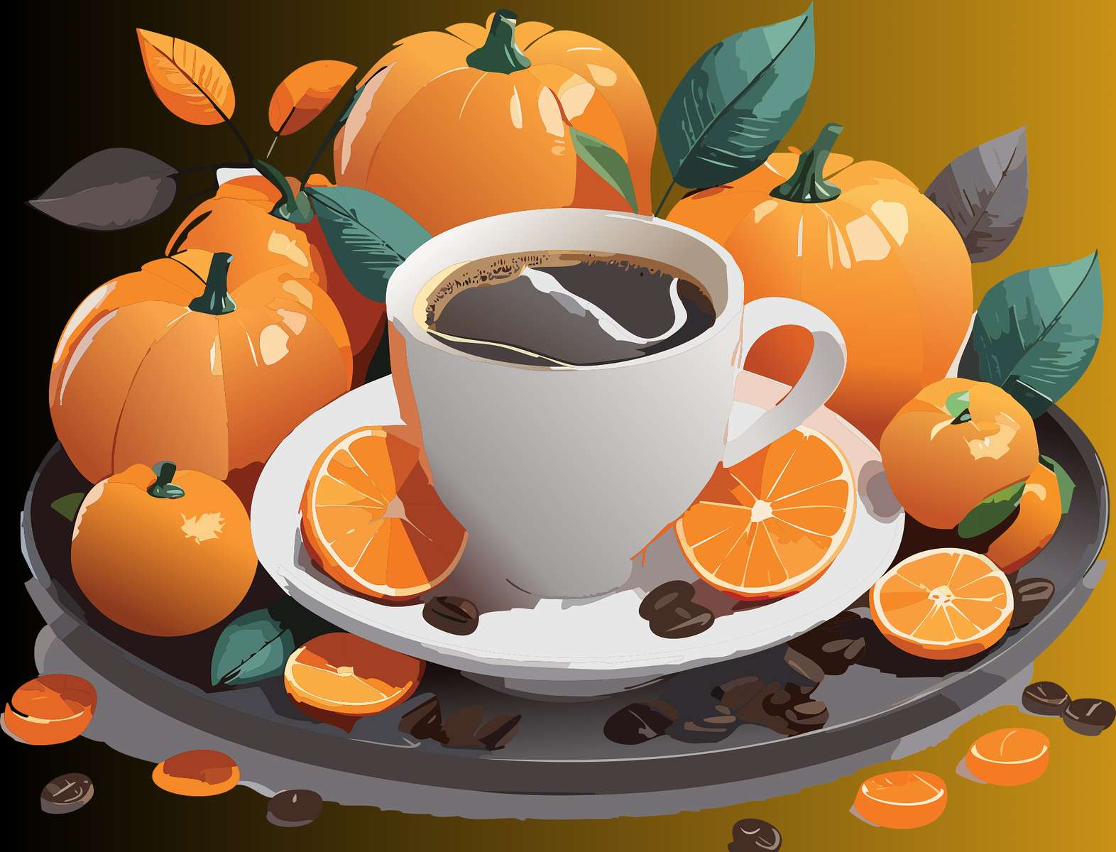 Kürbis, Kaffee, Orangen. Kürbis, Kaffee, Orange Online-Puzzle vom Foto