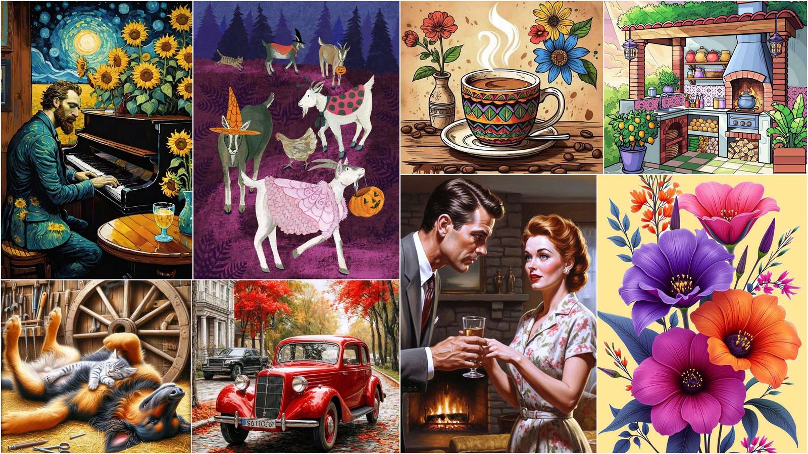 Goats, cat and dog puzzle online from photo