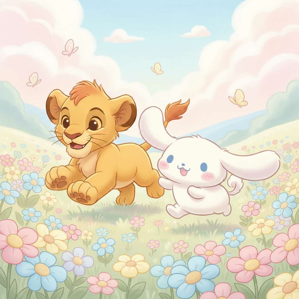 Dítě Mufasa A Cinnamoroll Běh puzzle online z fotografie