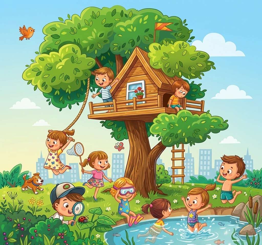 bambini attorno allo stagno puzzle online da foto